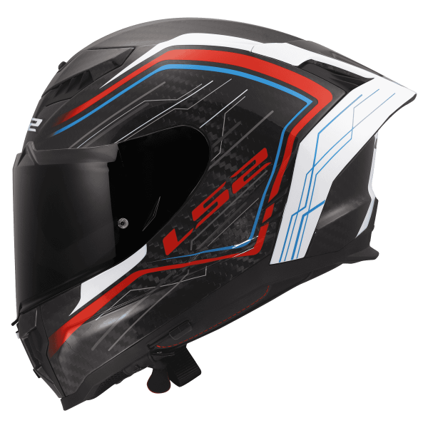 DRAGON SUBIC Integralhelm weiss-blau-rot Seitenansicht mit dkl. Visier